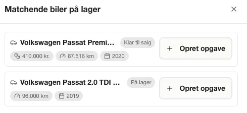 Modal i CARRUSLiNK med matchende VW Passat-biler på lager og knapper til at oprette opgave