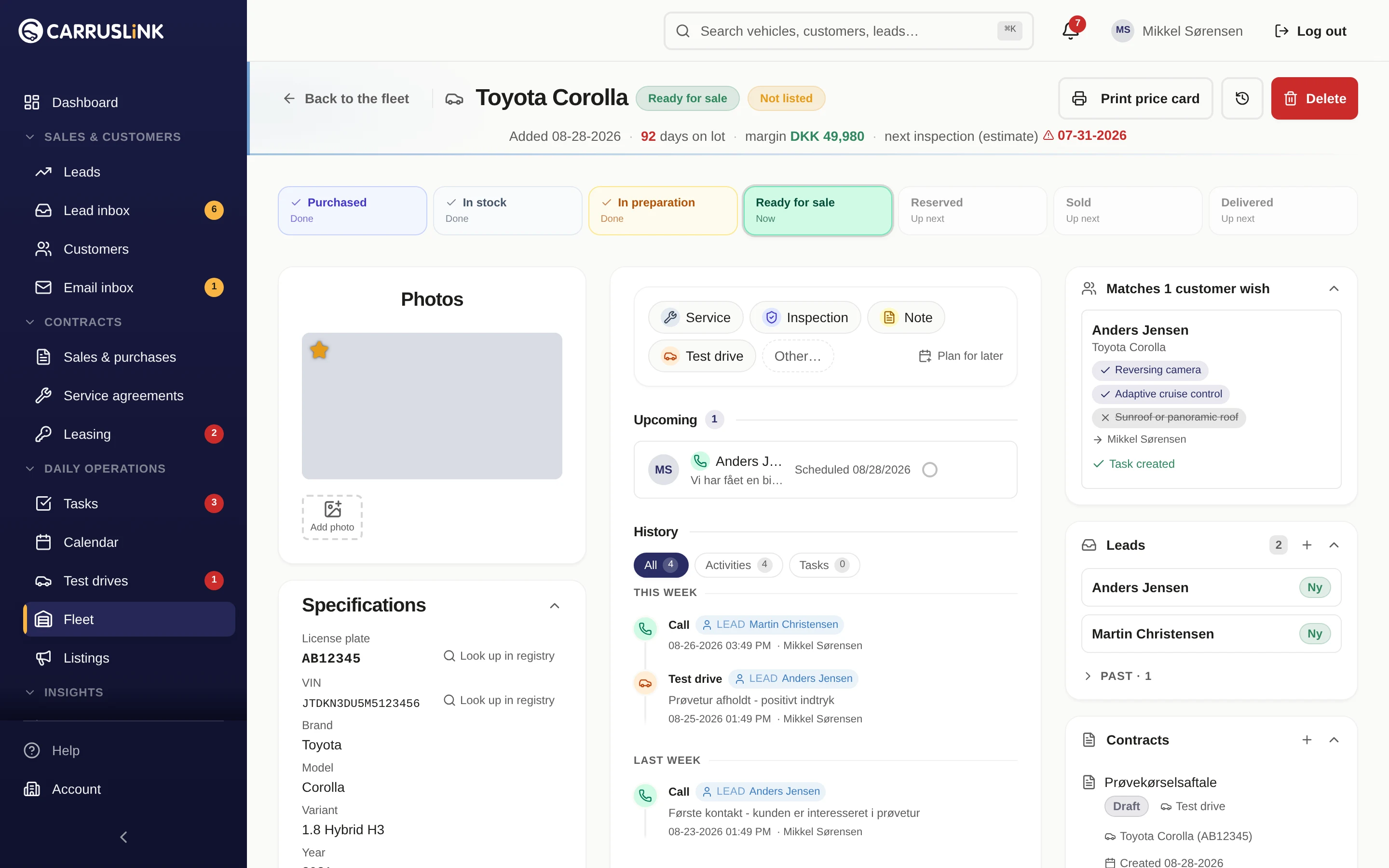 Vehicle inventory overview with status and preparation
