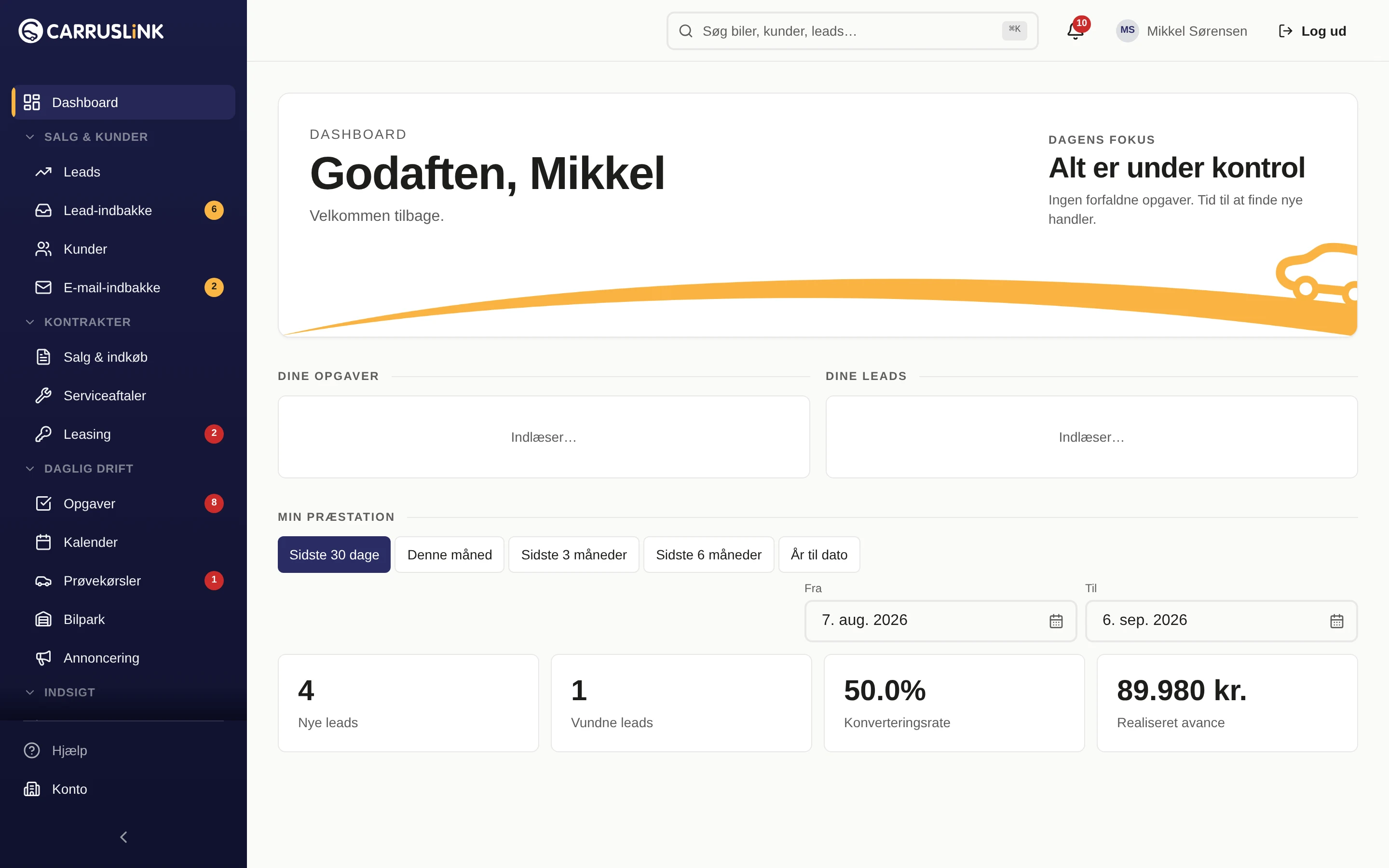 CARRUSLiNK leasing-dashboard med kontrakter, kunder og biler