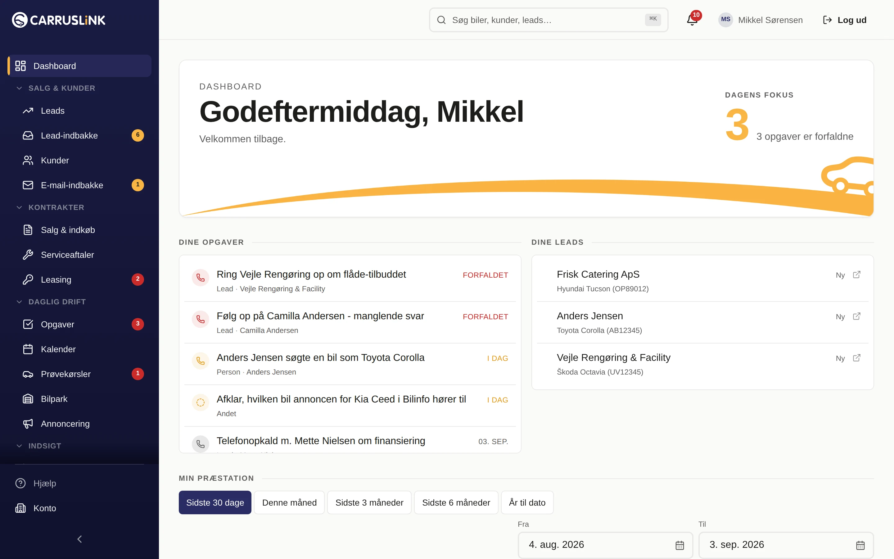 CARRUSLiNK dashboard med leads, opgaver og pipeline