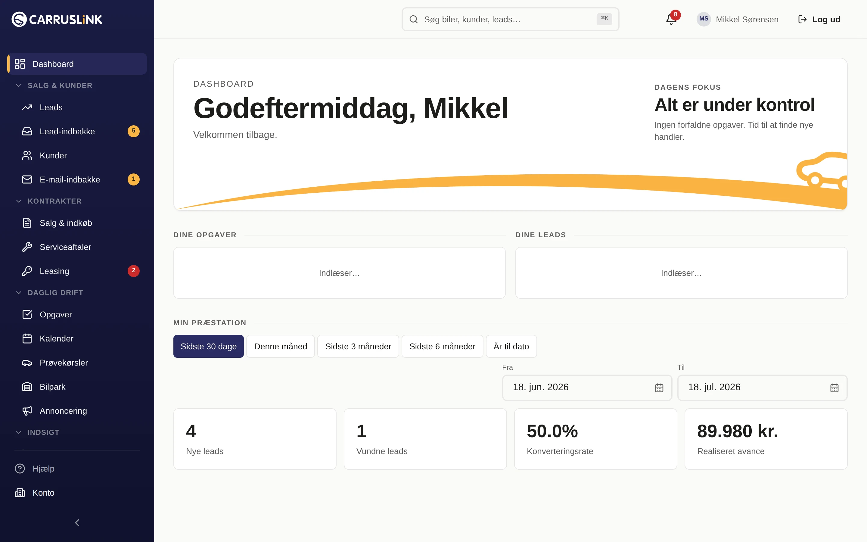 CARRUSLiNK dashboard med leads, opgaver og pipeline