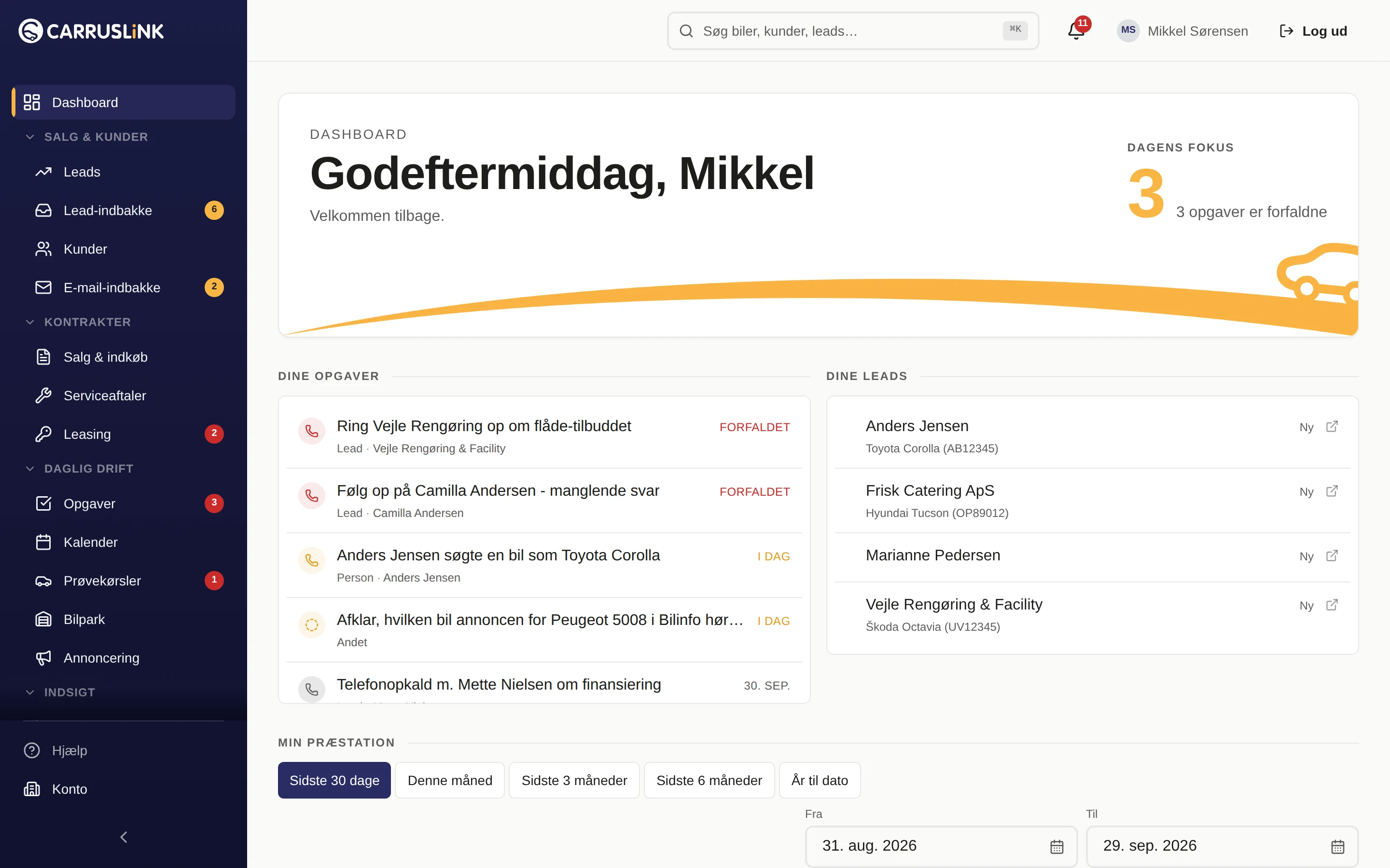 CARRUSLiNK dashboard med leads, opgaver og pipeline