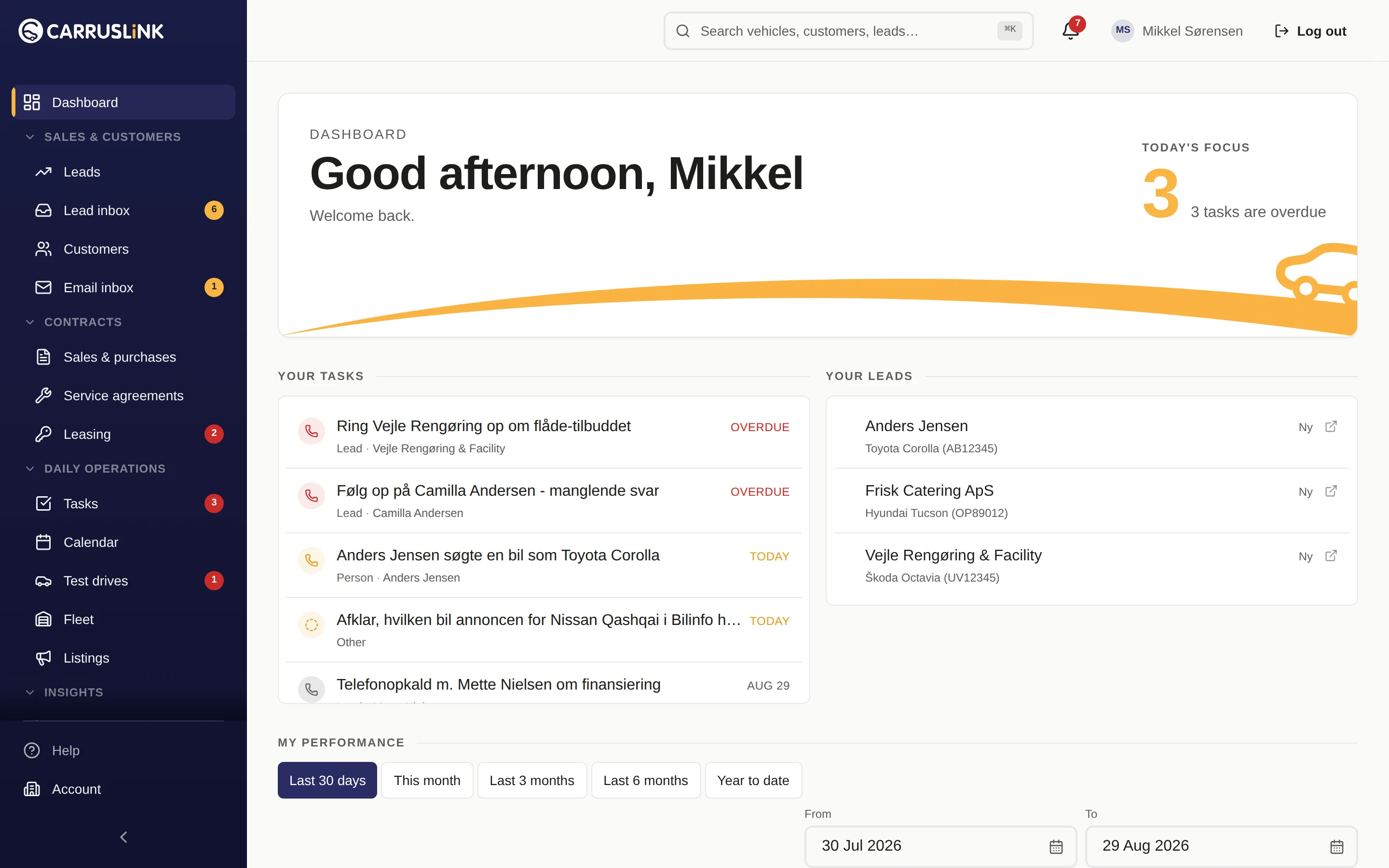 CARRUSLiNK dashboard with leads, tasks and pipeline