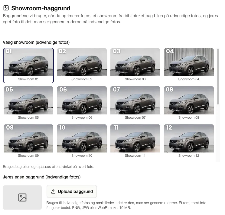 Galleri i CARRUSLiNK med 12 AI-genererede showroom-baggrunde til bilbilleder